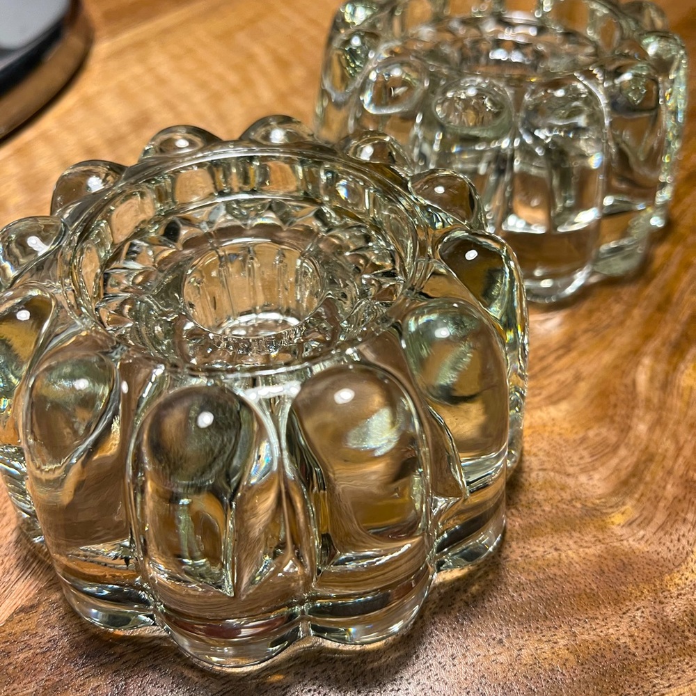 VTG PRINCESS HOUSE BUBBLE GELATIN MOLD SHAPED HEAVY GLASS CANDLE HOLDERS.